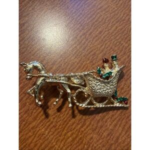 Gerry's Vintage Estate Goldtone Christmas Horse & Santa's Sleigh Brooch